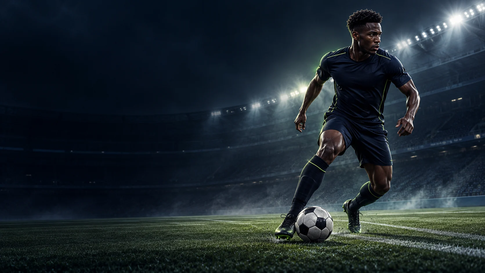 Original fictional footballer controlling the ball in a floodlit stadium